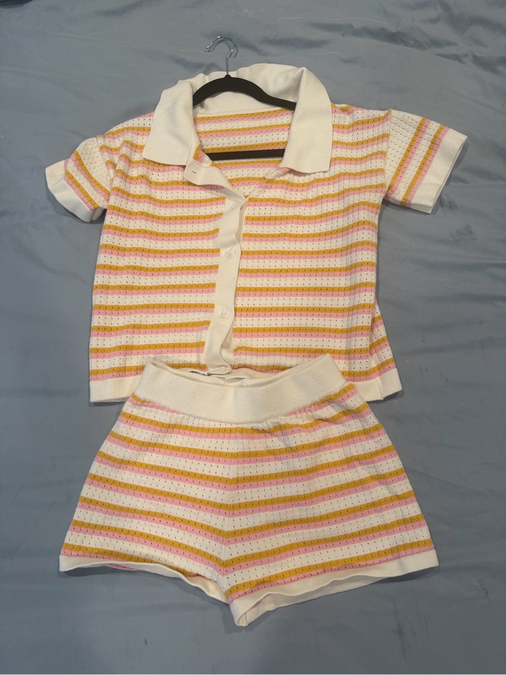 Kids Striped Short Pajama Set - White, Pink & Yellow